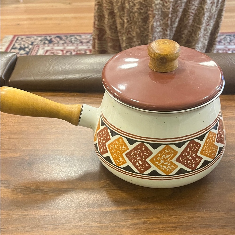 Vintage Enamel Fondu Pot with Wooden Handle